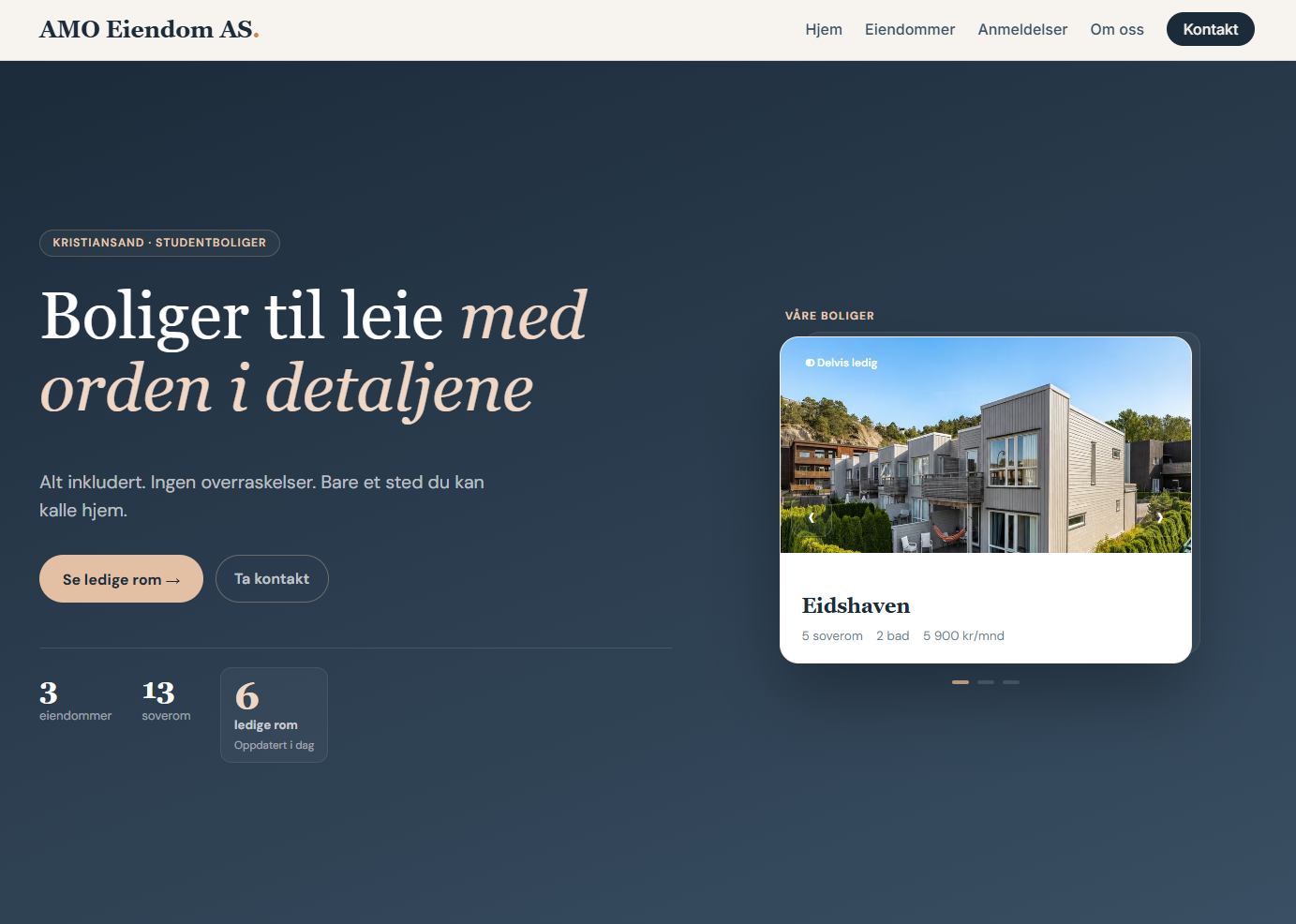 Desktopvisning av nettside for eiendomsprosjekt